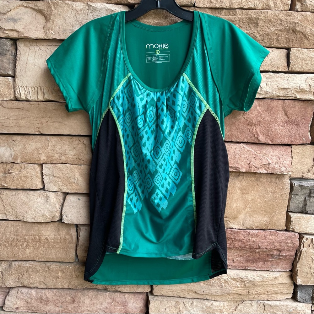 Moxie green black short sleeve cycling shirt Women Large EUC